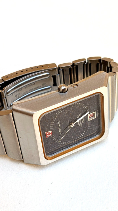 Omega Constellation Megaquartz vue plongeante couronne, fermoir gravé Stainless Steel Omega, montre vintage homme