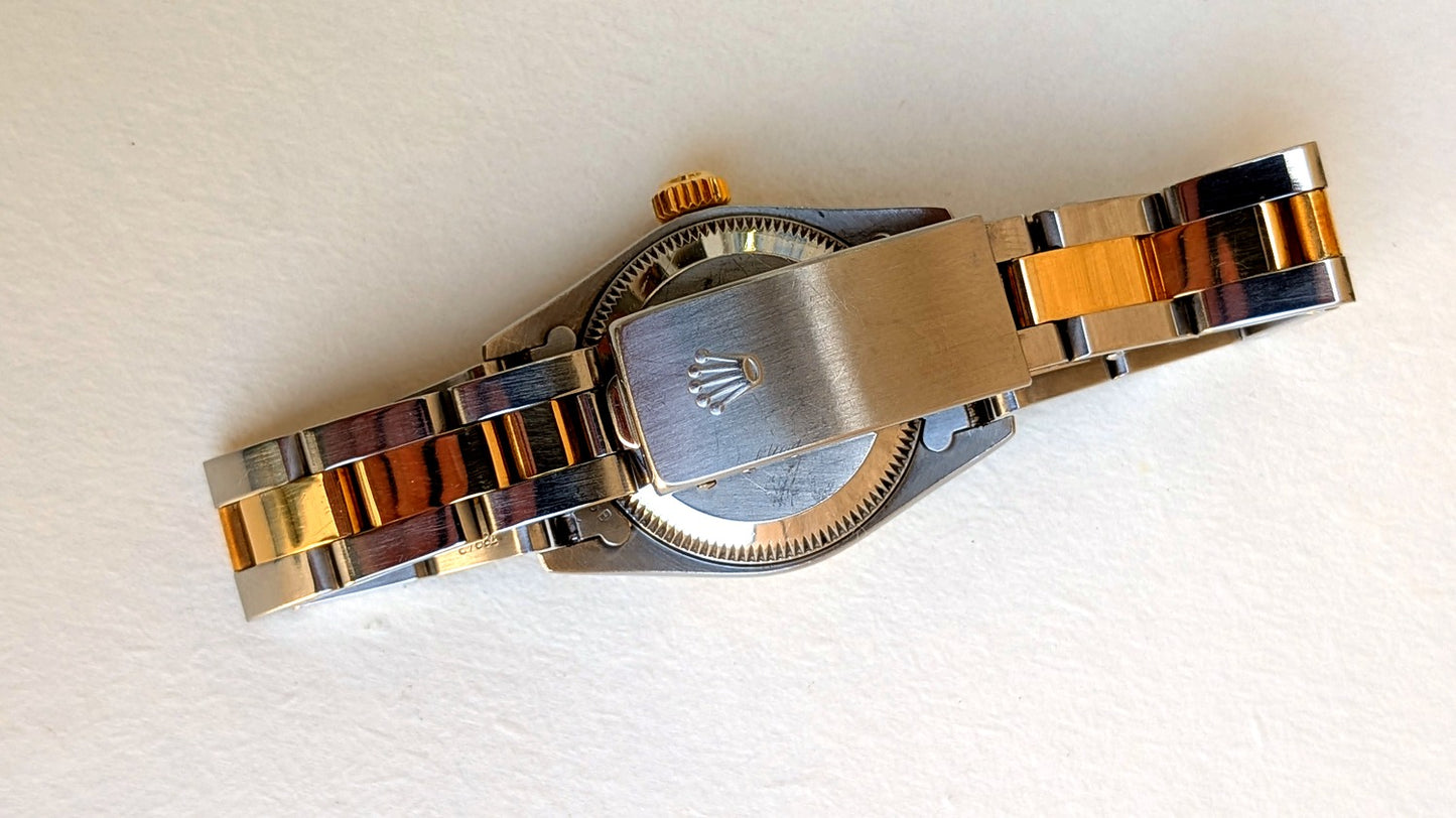 Rolex Oyster Perpetual fond de boîte acier fermoir gravé couronne bracelet acier-or, montre vintage femme